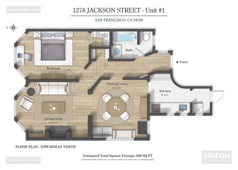 Floor plan for 1 bed, 1 bath, 685 sqft